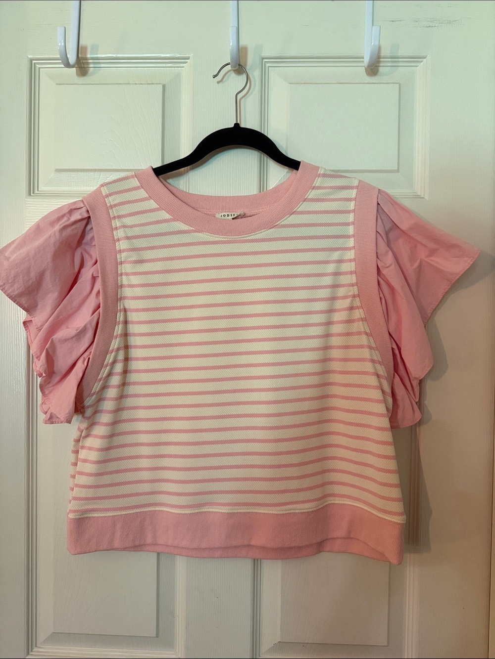 JODIFL Pink & White Striped Ruffle Sleeve Top